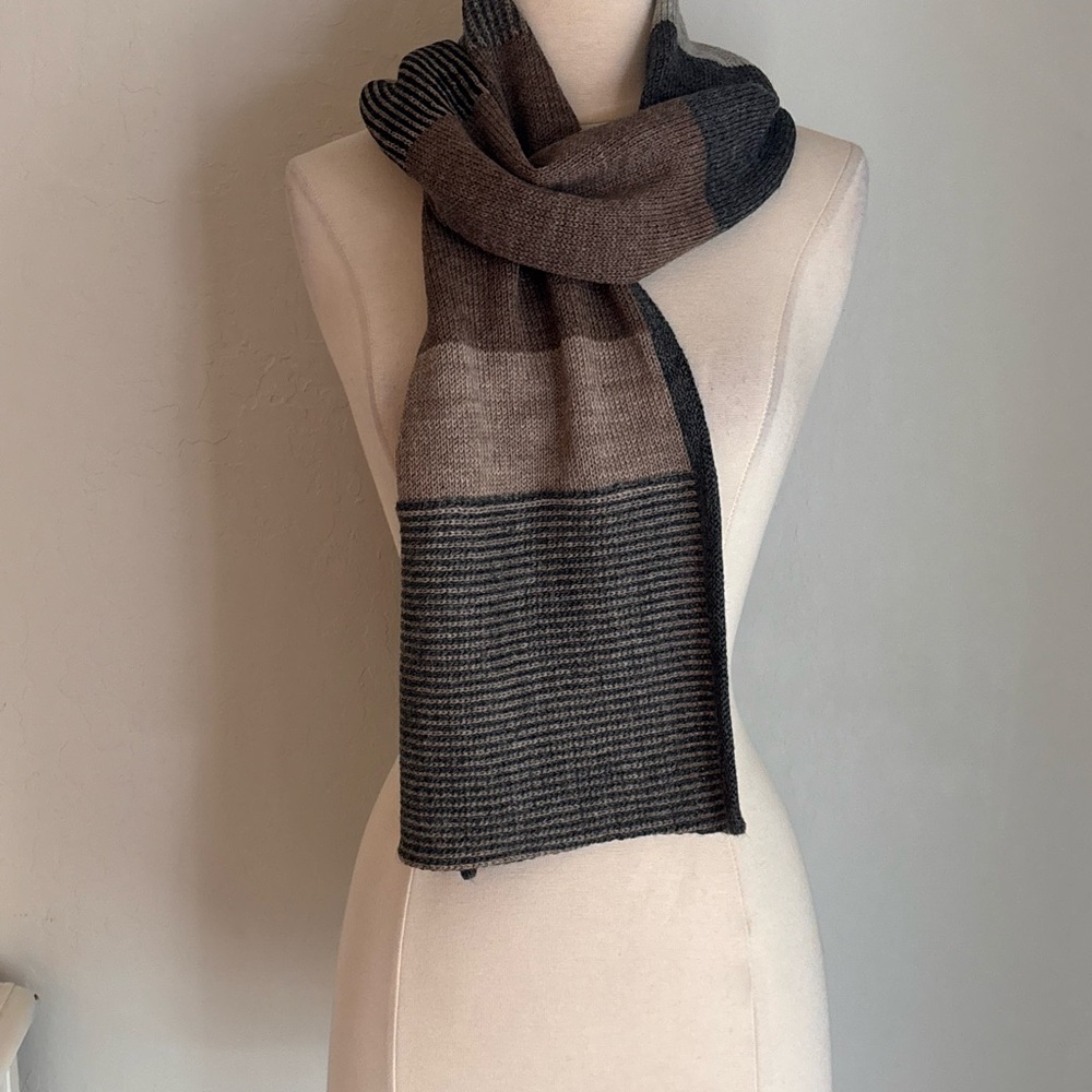 Yala Soft Multicolor Block Print Knit Scarf Alpaca Brown Gray Tan, 11x62, NWT